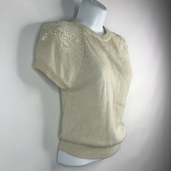 Vintage 80s The Italian Mob Floral Beaded Ivory Fuzzy Angora Blend Sweater - Picture 3 of 9